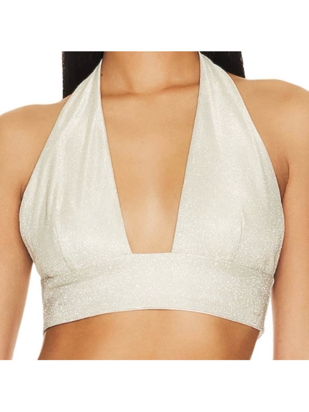 Sparkle Halter Plunge Bralette Crop Top in Ivory